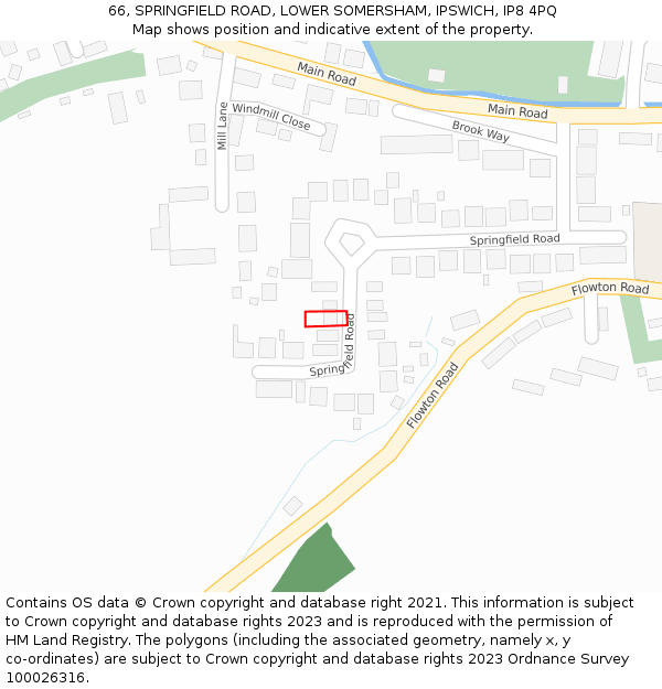 66, SPRINGFIELD ROAD, LOWER SOMERSHAM, IPSWICH, IP8 4PQ: Location map and indicative extent of plot