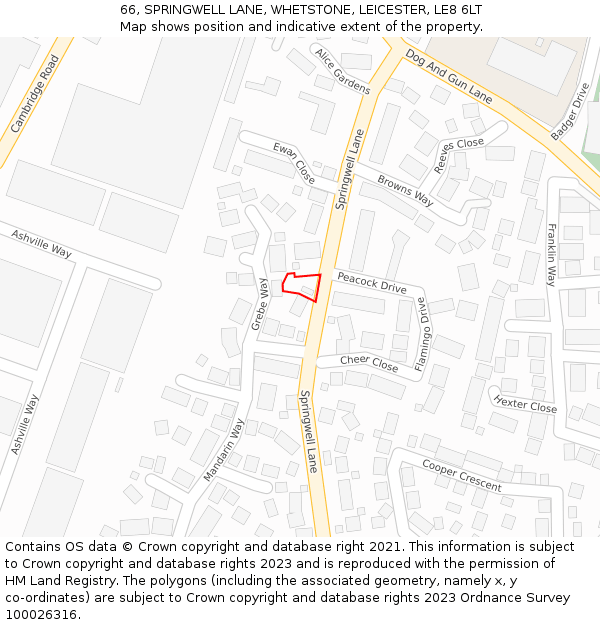 66, SPRINGWELL LANE, WHETSTONE, LEICESTER, LE8 6LT: Location map and indicative extent of plot