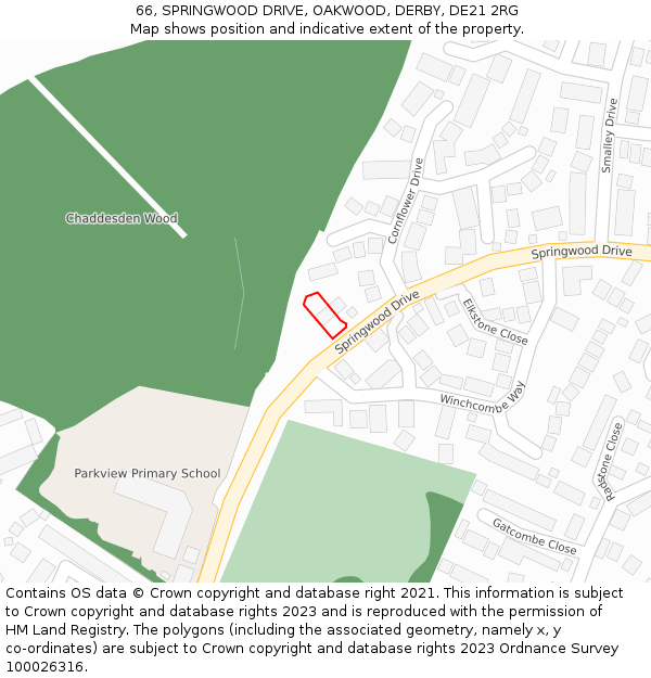 66, SPRINGWOOD DRIVE, OAKWOOD, DERBY, DE21 2RG: Location map and indicative extent of plot