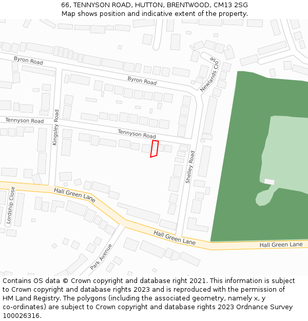 66, TENNYSON ROAD, HUTTON, BRENTWOOD, CM13 2SG: Location map and indicative extent of plot