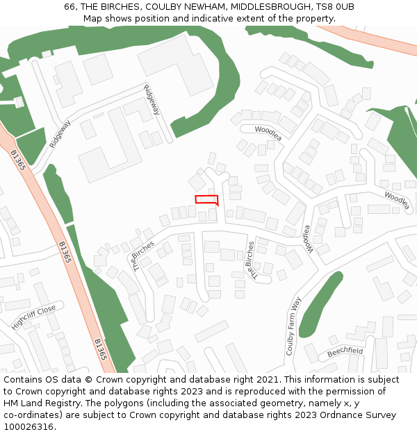 66, THE BIRCHES, COULBY NEWHAM, MIDDLESBROUGH, TS8 0UB: Location map and indicative extent of plot