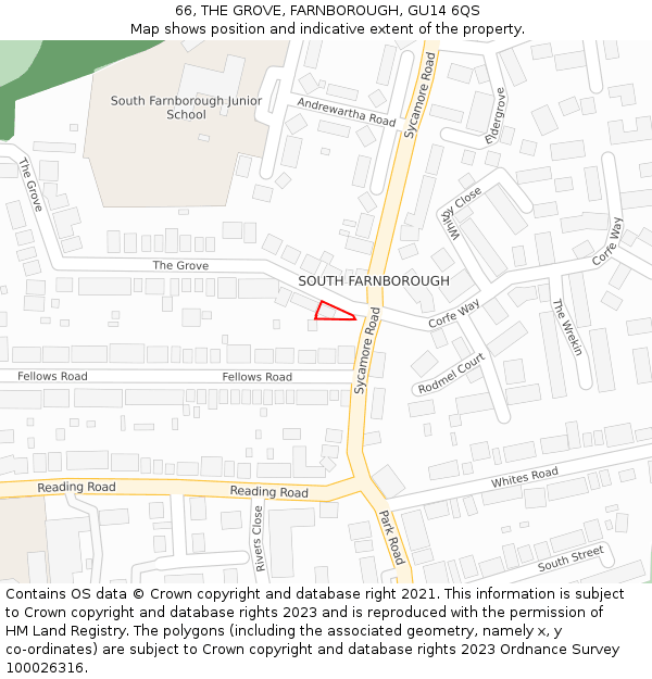66, THE GROVE, FARNBOROUGH, GU14 6QS: Location map and indicative extent of plot