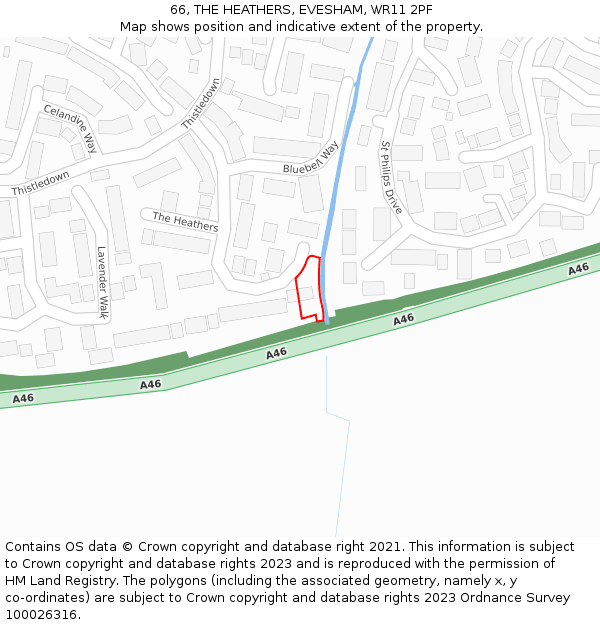 66, THE HEATHERS, EVESHAM, WR11 2PF: Location map and indicative extent of plot