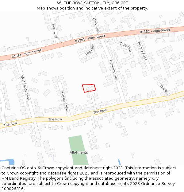 66, THE ROW, SUTTON, ELY, CB6 2PB: Location map and indicative extent of plot