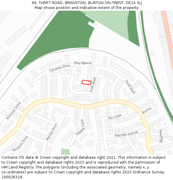 66, THRIFT ROAD, BRANSTON, BURTON-ON-TRENT, DE14 3LJ: Location map and indicative extent of plot