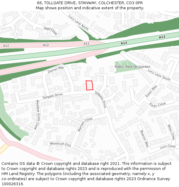 66, TOLLGATE DRIVE, STANWAY, COLCHESTER, CO3 0PR: Location map and indicative extent of plot
