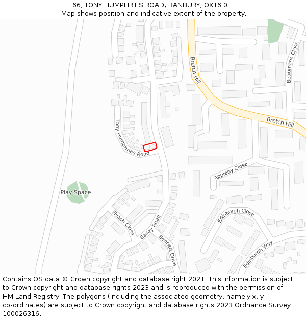 66, TONY HUMPHRIES ROAD, BANBURY, OX16 0FF: Location map and indicative extent of plot