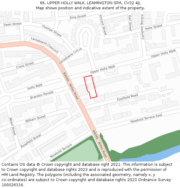 66, UPPER HOLLY WALK, LEAMINGTON SPA, CV32 4JL: Location map and indicative extent of plot