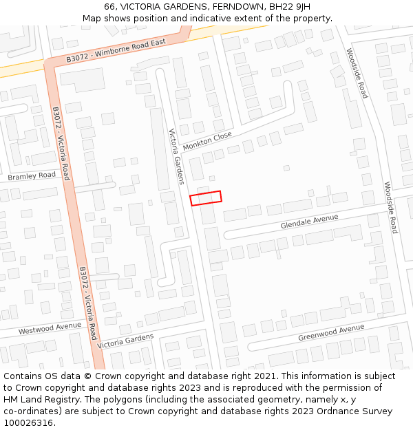 66, VICTORIA GARDENS, FERNDOWN, BH22 9JH: Location map and indicative extent of plot