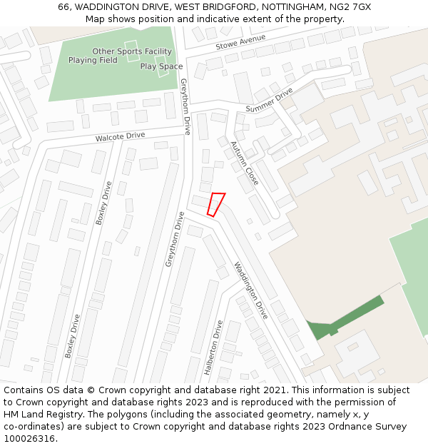 66, WADDINGTON DRIVE, WEST BRIDGFORD, NOTTINGHAM, NG2 7GX: Location map and indicative extent of plot