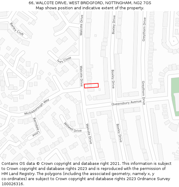 66, WALCOTE DRIVE, WEST BRIDGFORD, NOTTINGHAM, NG2 7GS: Location map and indicative extent of plot