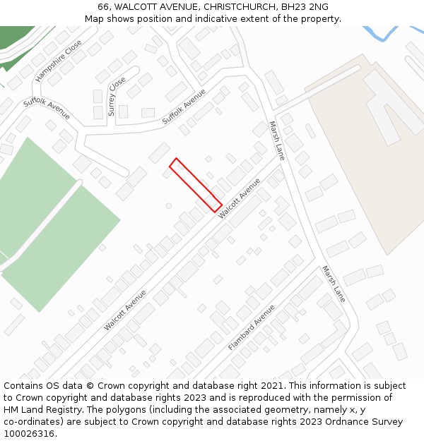 66, WALCOTT AVENUE, CHRISTCHURCH, BH23 2NG: Location map and indicative extent of plot