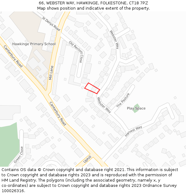 66, WEBSTER WAY, HAWKINGE, FOLKESTONE, CT18 7PZ: Location map and indicative extent of plot