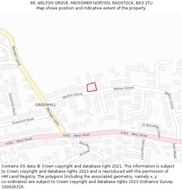 66, WELTON GROVE, MIDSOMER NORTON, RADSTOCK, BA3 2TU: Location map and indicative extent of plot