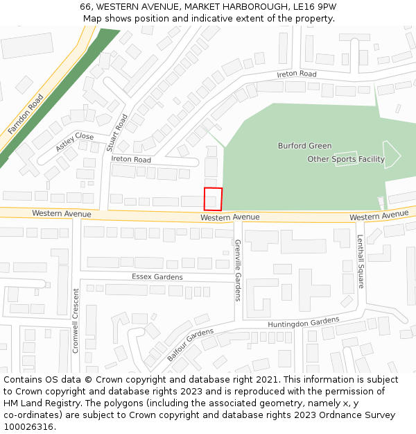 66, WESTERN AVENUE, MARKET HARBOROUGH, LE16 9PW: Location map and indicative extent of plot