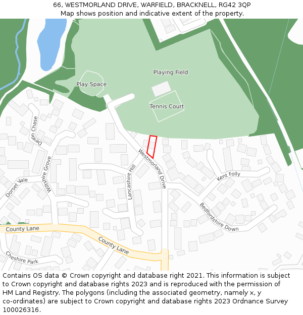 66, WESTMORLAND DRIVE, WARFIELD, BRACKNELL, RG42 3QP: Location map and indicative extent of plot