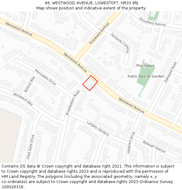 66, WESTWOOD AVENUE, LOWESTOFT, NR33 9RJ: Location map and indicative extent of plot