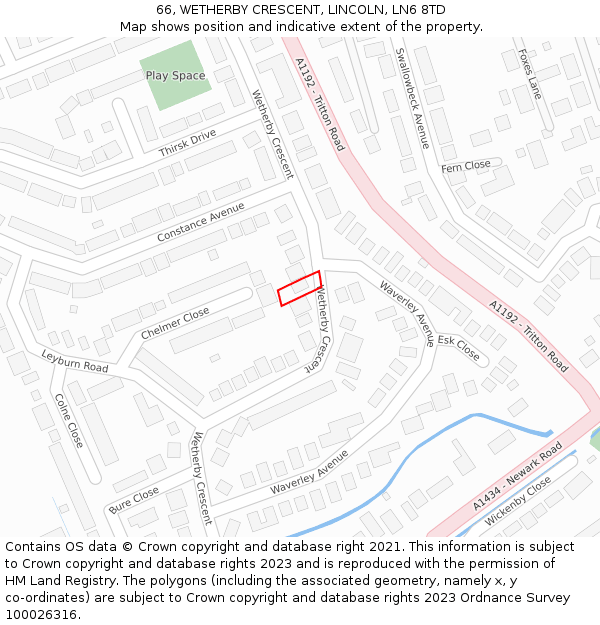 66, WETHERBY CRESCENT, LINCOLN, LN6 8TD: Location map and indicative extent of plot