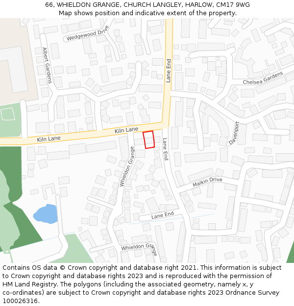 66, WHIELDON GRANGE, CHURCH LANGLEY, HARLOW, CM17 9WG: Location map and indicative extent of plot