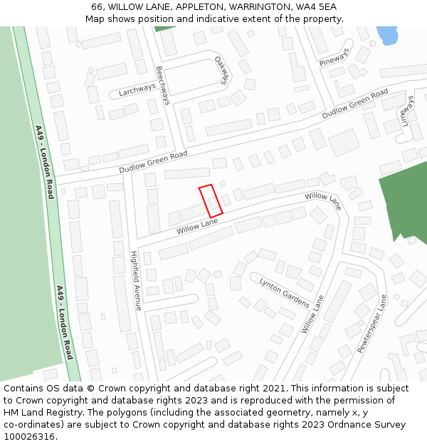 66, WILLOW LANE, APPLETON, WARRINGTON, WA4 5EA: Location map and indicative extent of plot