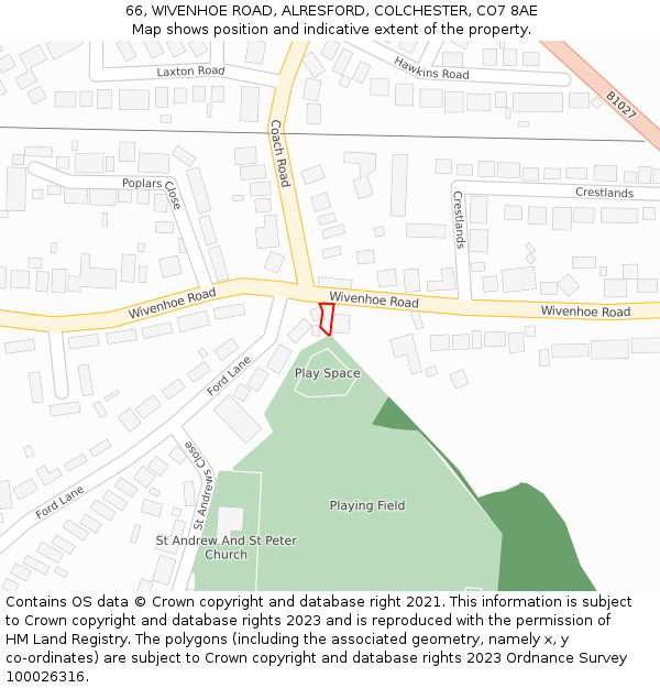 66, WIVENHOE ROAD, ALRESFORD, COLCHESTER, CO7 8AE: Location map and indicative extent of plot