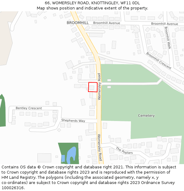 66, WOMERSLEY ROAD, KNOTTINGLEY, WF11 0DL: Location map and indicative extent of plot