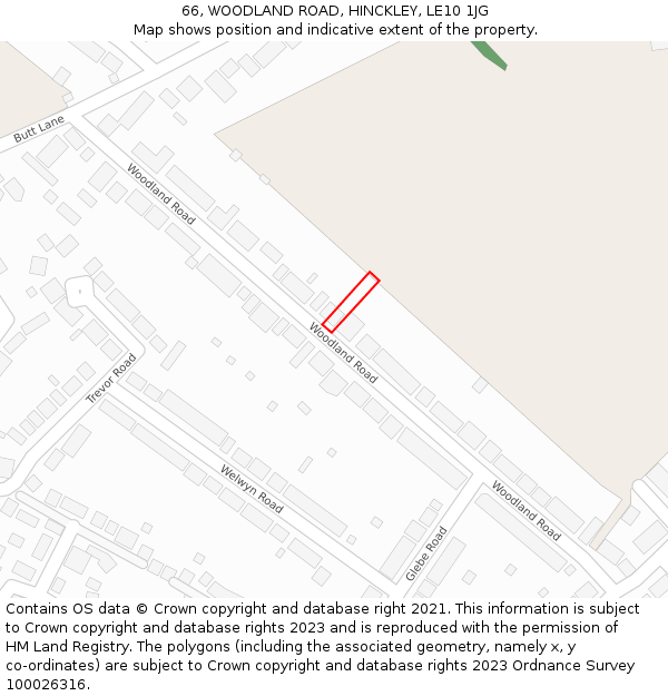 66, WOODLAND ROAD, HINCKLEY, LE10 1JG: Location map and indicative extent of plot