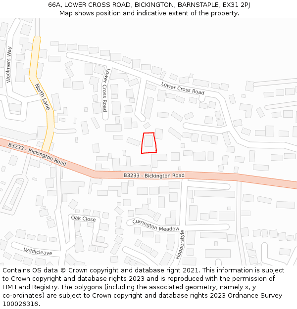 66A, LOWER CROSS ROAD, BICKINGTON, BARNSTAPLE, EX31 2PJ: Location map and indicative extent of plot
