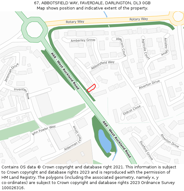 67, ABBOTSFIELD WAY, FAVERDALE, DARLINGTON, DL3 0GB: Location map and indicative extent of plot