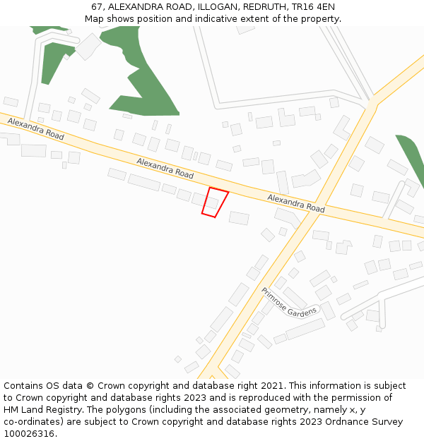 67, ALEXANDRA ROAD, ILLOGAN, REDRUTH, TR16 4EN: Location map and indicative extent of plot