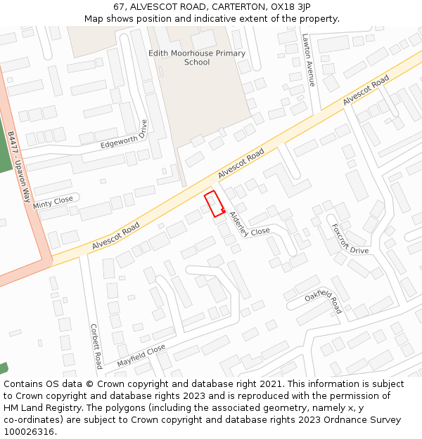 67, ALVESCOT ROAD, CARTERTON, OX18 3JP: Location map and indicative extent of plot