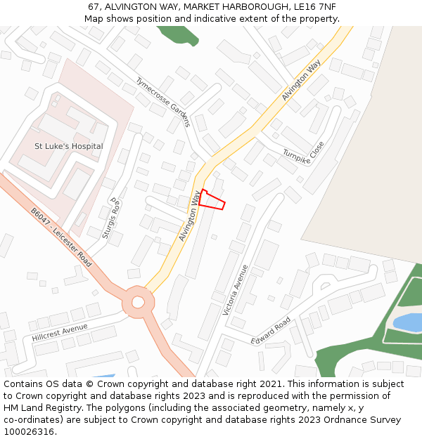 67, ALVINGTON WAY, MARKET HARBOROUGH, LE16 7NF: Location map and indicative extent of plot