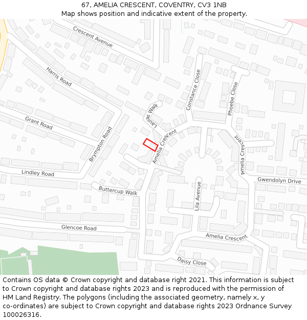 67, AMELIA CRESCENT, COVENTRY, CV3 1NB: Location map and indicative extent of plot