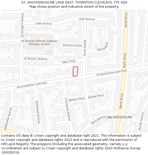 67, ANCHORSHOLME LANE EAST, THORNTON-CLEVELEYS, FY5 3QN: Location map and indicative extent of plot