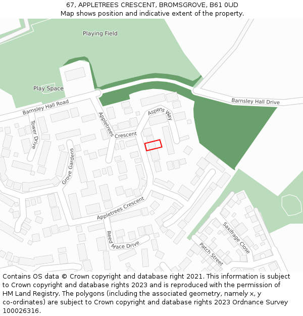 67, APPLETREES CRESCENT, BROMSGROVE, B61 0UD: Location map and indicative extent of plot