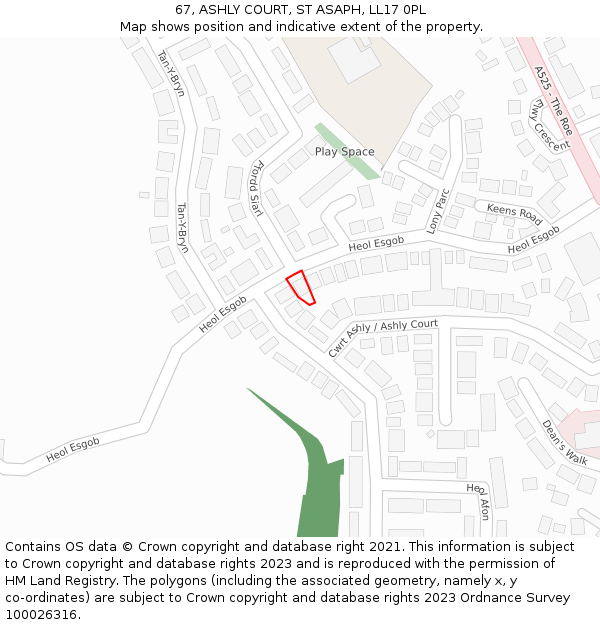 67, ASHLY COURT, ST ASAPH, LL17 0PL: Location map and indicative extent of plot