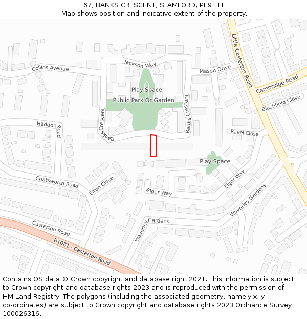 67, BANKS CRESCENT, STAMFORD, PE9 1FF: Location map and indicative extent of plot