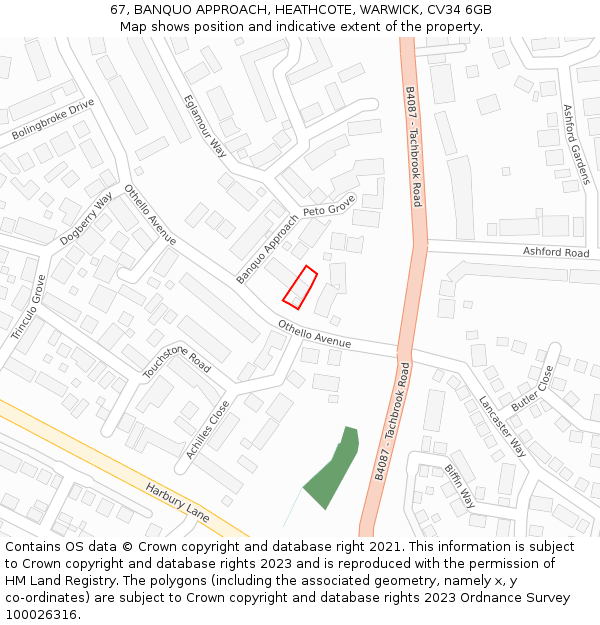 67, BANQUO APPROACH, HEATHCOTE, WARWICK, CV34 6GB: Location map and indicative extent of plot