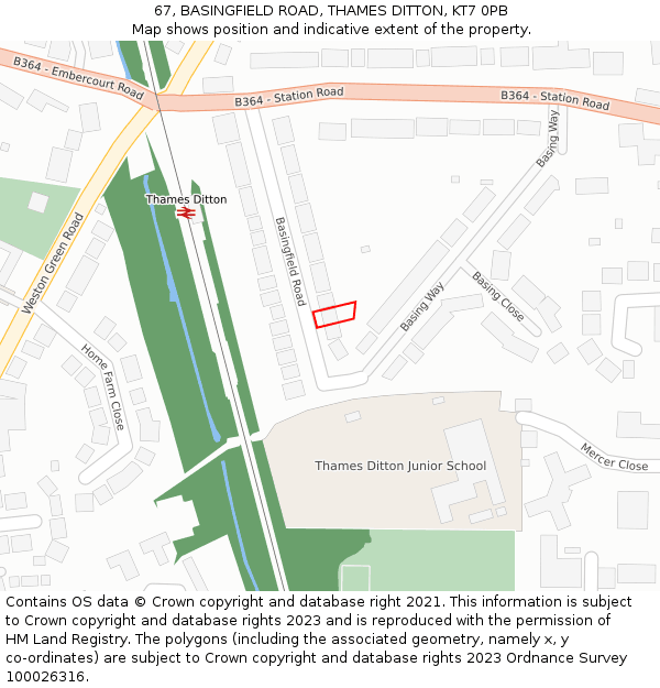 67, BASINGFIELD ROAD, THAMES DITTON, KT7 0PB: Location map and indicative extent of plot