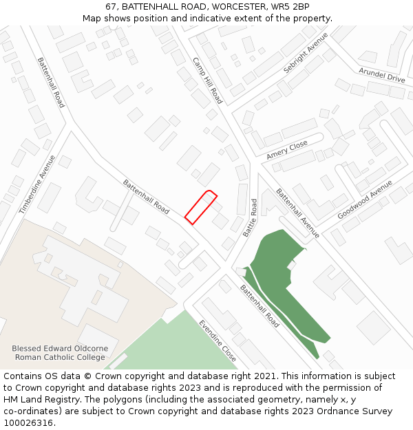 67, BATTENHALL ROAD, WORCESTER, WR5 2BP: Location map and indicative extent of plot