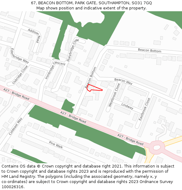 67, BEACON BOTTOM, PARK GATE, SOUTHAMPTON, SO31 7GQ: Location map and indicative extent of plot