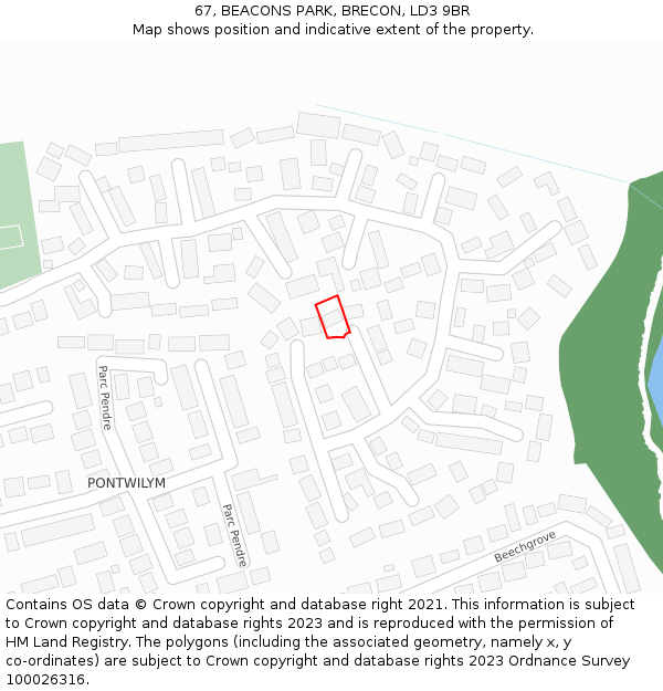 67, BEACONS PARK, BRECON, LD3 9BR: Location map and indicative extent of plot