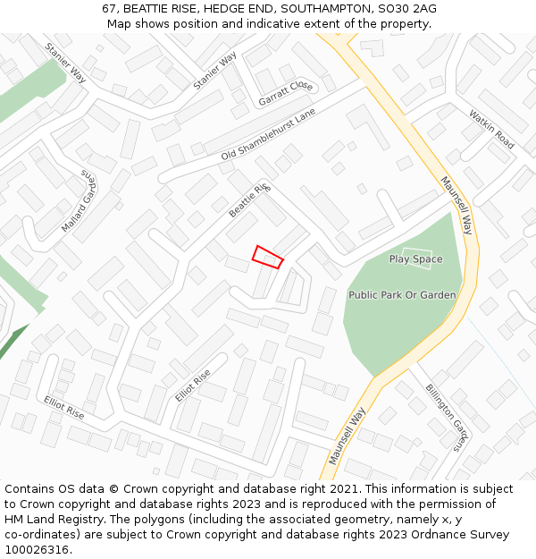 67, BEATTIE RISE, HEDGE END, SOUTHAMPTON, SO30 2AG: Location map and indicative extent of plot