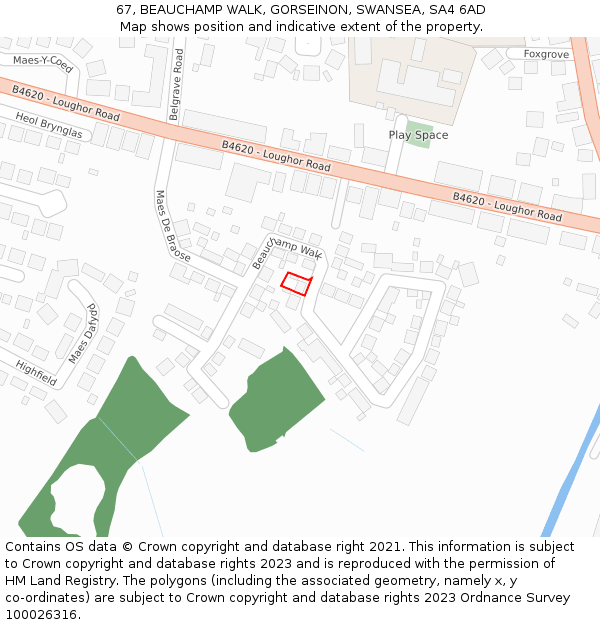 67, BEAUCHAMP WALK, GORSEINON, SWANSEA, SA4 6AD: Location map and indicative extent of plot