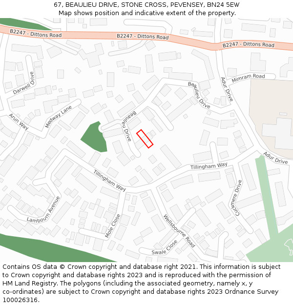 67, BEAULIEU DRIVE, STONE CROSS, PEVENSEY, BN24 5EW: Location map and indicative extent of plot