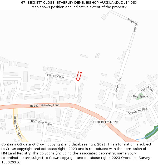 67, BECKETT CLOSE, ETHERLEY DENE, BISHOP AUCKLAND, DL14 0SX: Location map and indicative extent of plot