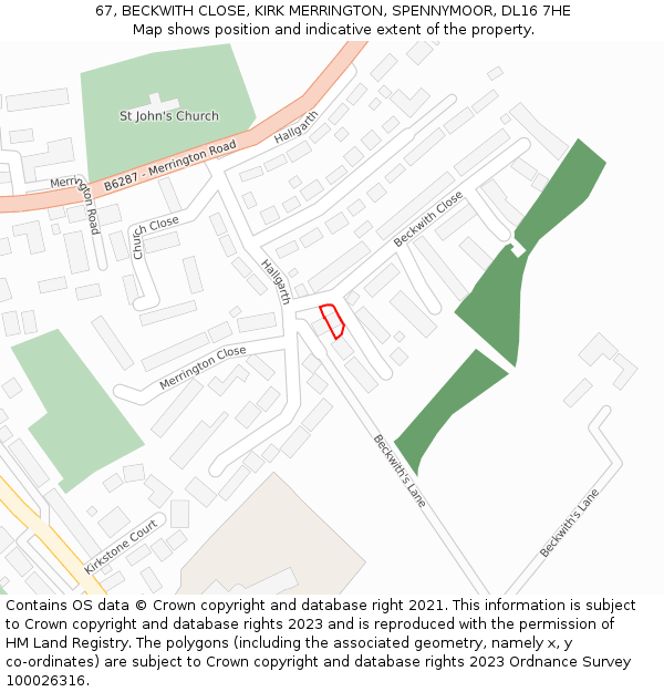 67, BECKWITH CLOSE, KIRK MERRINGTON, SPENNYMOOR, DL16 7HE: Location map and indicative extent of plot