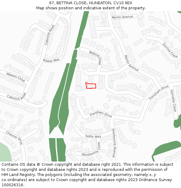 67, BETTINA CLOSE, NUNEATON, CV10 9EX: Location map and indicative extent of plot