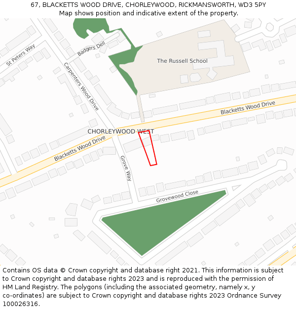 67, BLACKETTS WOOD DRIVE, CHORLEYWOOD, RICKMANSWORTH, WD3 5PY: Location map and indicative extent of plot