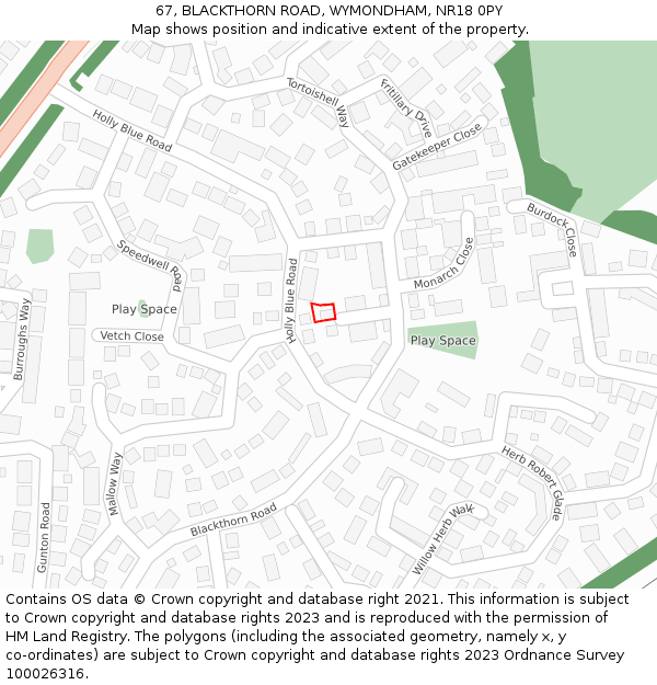 67, BLACKTHORN ROAD, WYMONDHAM, NR18 0PY: Location map and indicative extent of plot